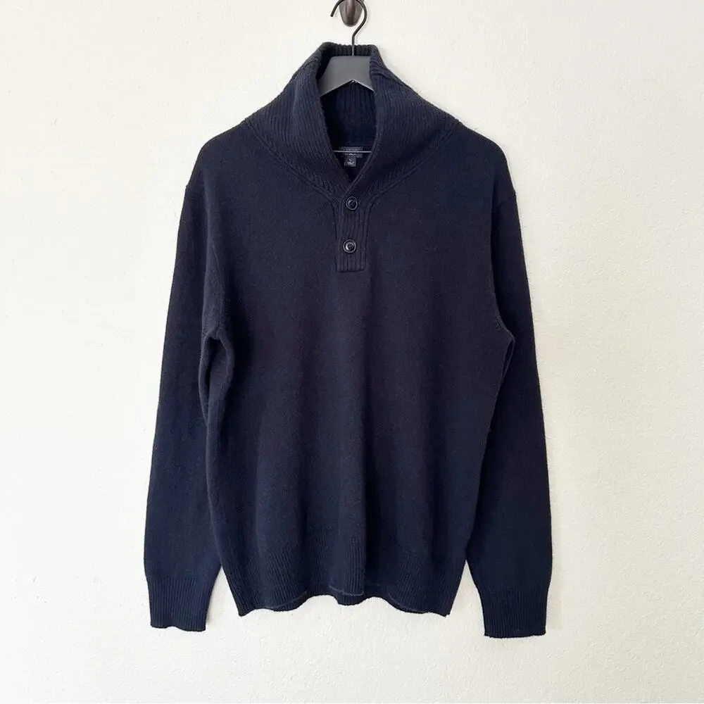 J. Crew Sweater Mens 100% Lambs Wool Button Cowl Neck Navy Cozy Casual Large